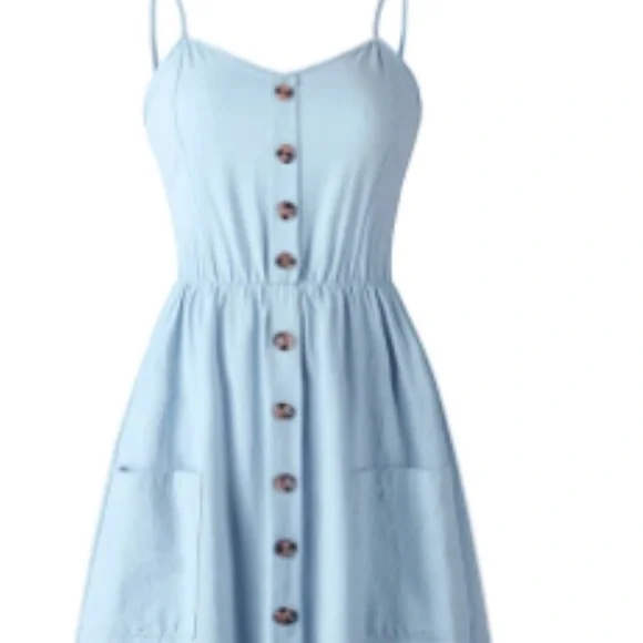 NWOT. Blue cotton summer midi dress. Not worn. Two pockets. Spaghetti straps - Picture 4 of 11